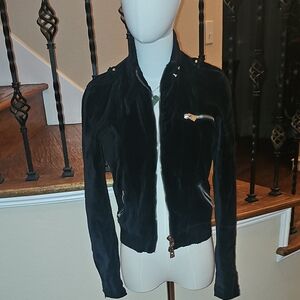 Armani Exchange Black Velvet Bomber Jacket with Gold Zipper Hardware